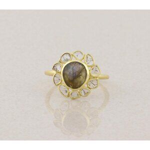 Gold Over Sterling Silver Natural Labradorite Polki Diamond Slice Ring Size 9.5